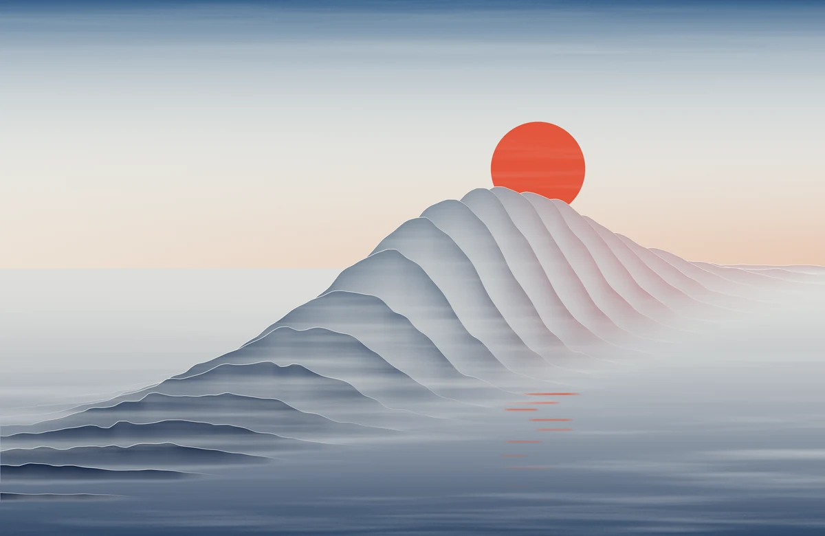 A layered blue-gray mountain rising from still water beneath a red sun, in the manner of a woodblock print.