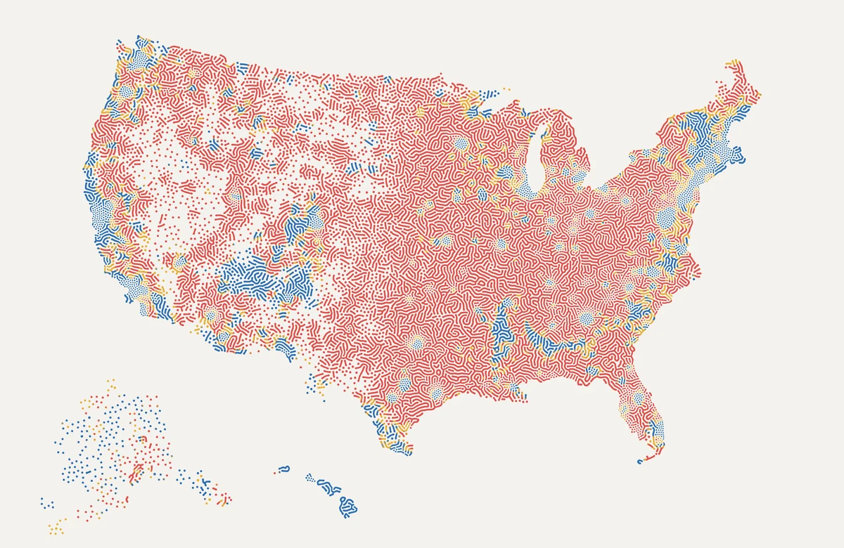 A map of the United States, with Alaska and Hawaii inset at the lower left, grown from red, blue and gold dots and labyrinth lines on an off-white ground.